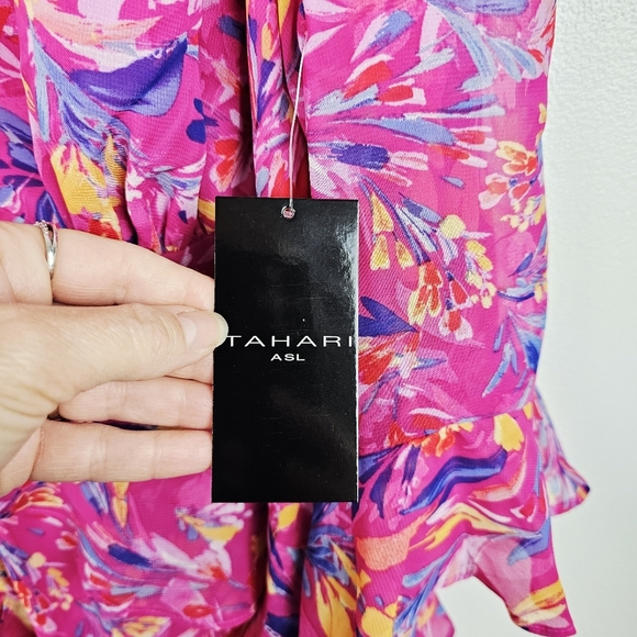 Tahari ASL Pink Printed Cold-Shoulder Asymmetric-Ruffle Dress NWT - Picture 6 of 16